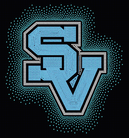 Seneca Valley Raiders SV Logo Solid Rhinestone with Blue stones surrounding