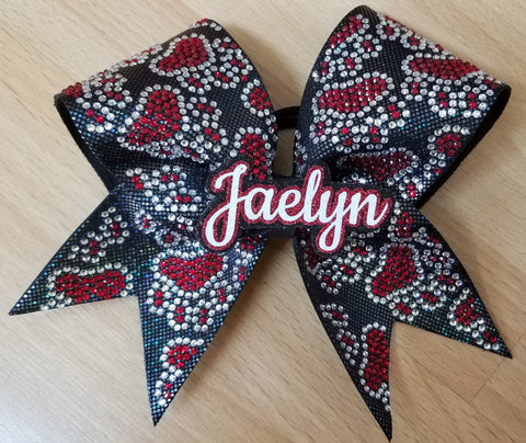 Personalized Paw Prints Filled In with 3d Name Duo Rhinestones & Glitter Cheer Bow