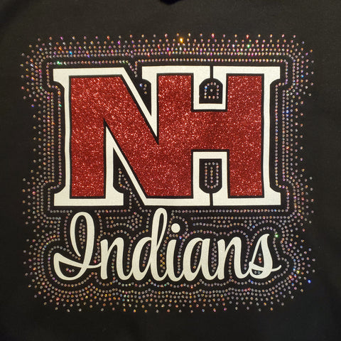 North Hills Indians NH Logo in Sparkly Glitter and Rhinestone Design