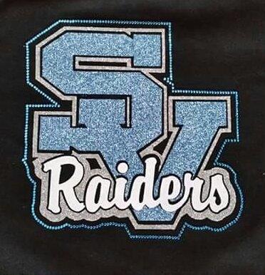 Seneca Valley Logo with Raiders Script 3-color Rhinestone Design