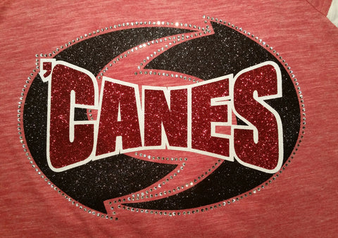 New Castle Red Hurricanes 'CANES with Hurricane Glitter and Rhinestone Design